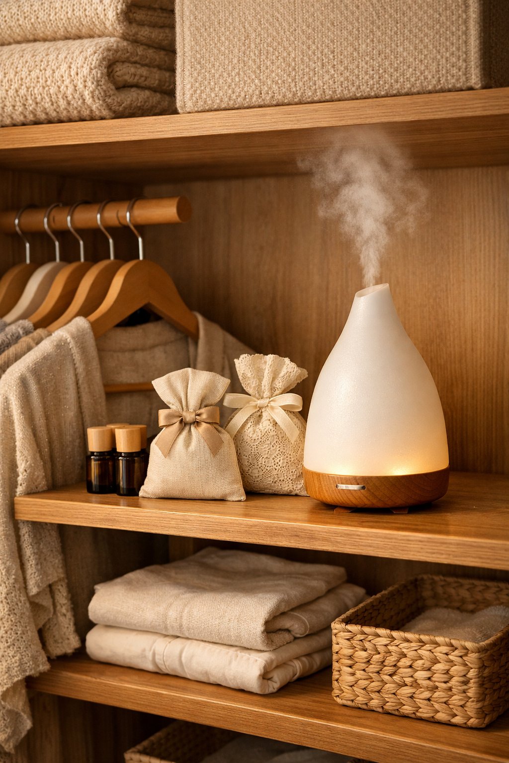 A neatly organized closet with clothes, wooden shelves, scented sachets, and an essential oil diffuser emitting mist.