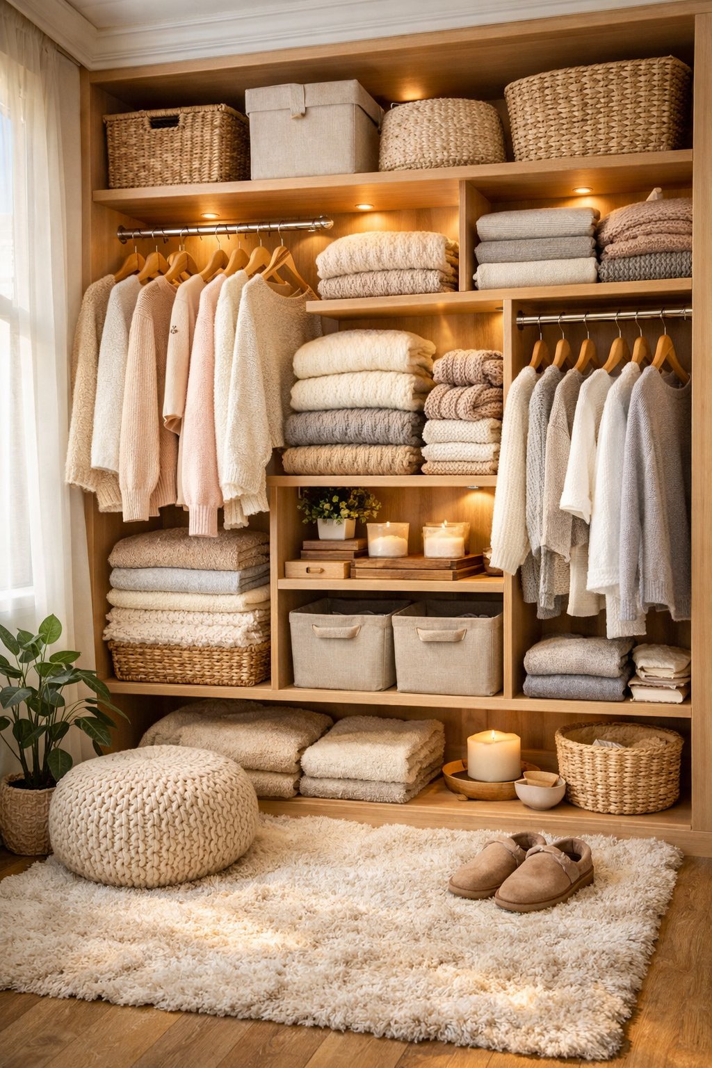 A neatly organized closet with clothes, woven baskets, folded sweaters, a plush rug, and a small potted plant, bathed in soft natural light.