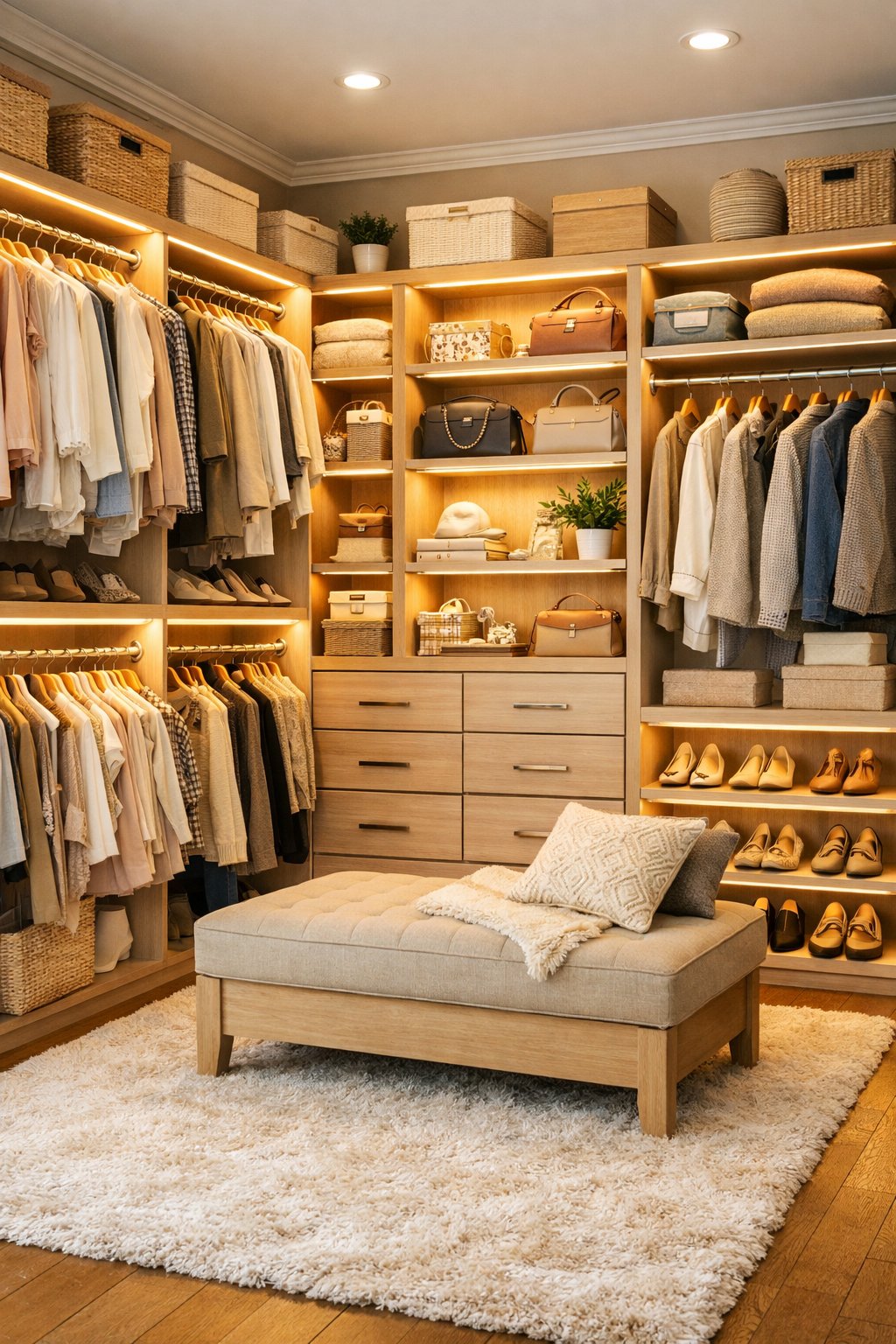 A well-organized walk-in closet with clothes, shoes, storage boxes, warm lighting, a rug, and a cushioned bench.