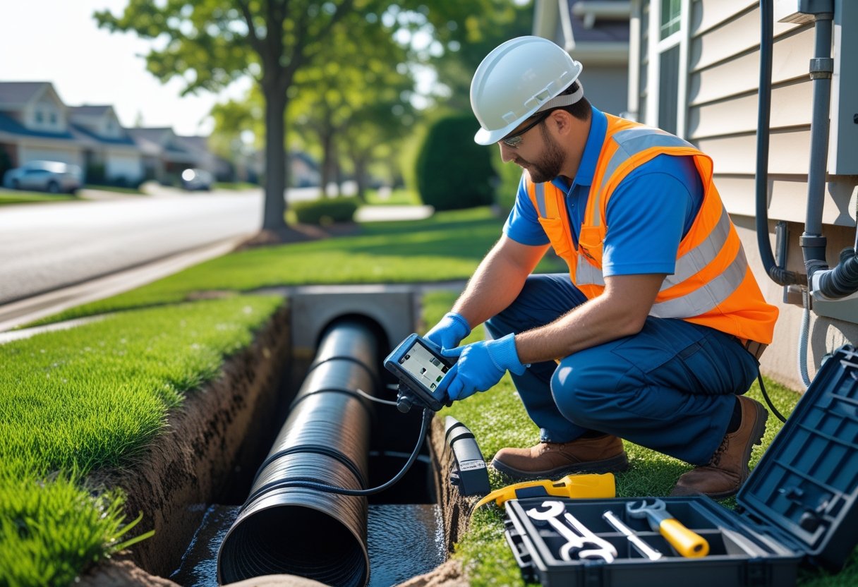A technician wearing safety gear inspects a sewer line outdoors with specialized equipment in a residential area.