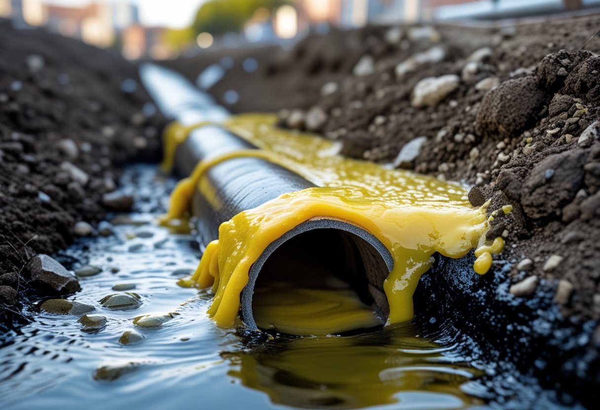Close-up cross-section of an underground sewer pipe clogged with grease buildup surrounded by soil and rocks.