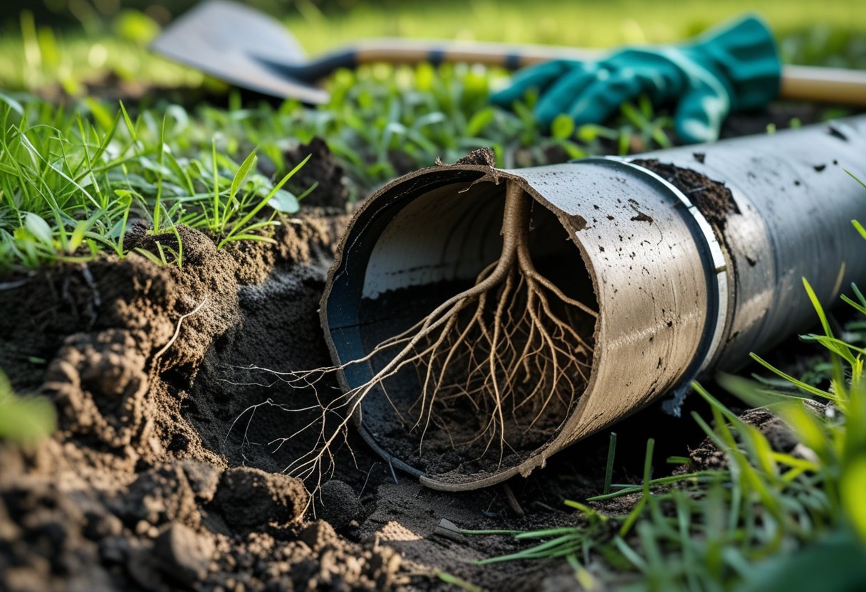 Close-up of a damaged sewer pipe with tree roots growing inside, partially uncovered in a grassy yard with gardening tools nearby.