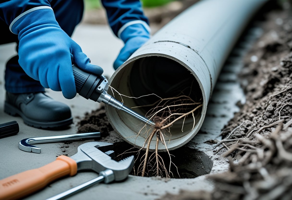 A technician inspecting a sewer pipe with a camera, showing roots growing inside the pipe.