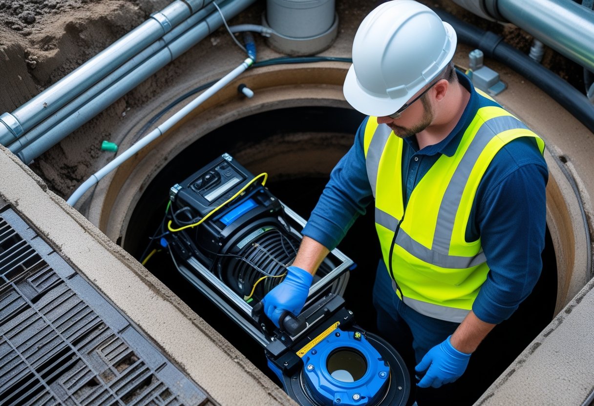 Technician inspecting a sewer line using specialized camera equipment inside a manhole.