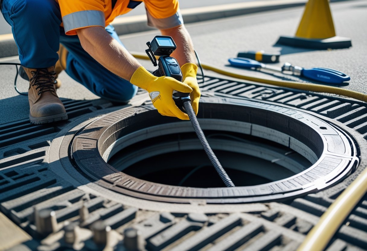 A technician inspecting a sewer line using a camera inserted into a manhole on a city street.