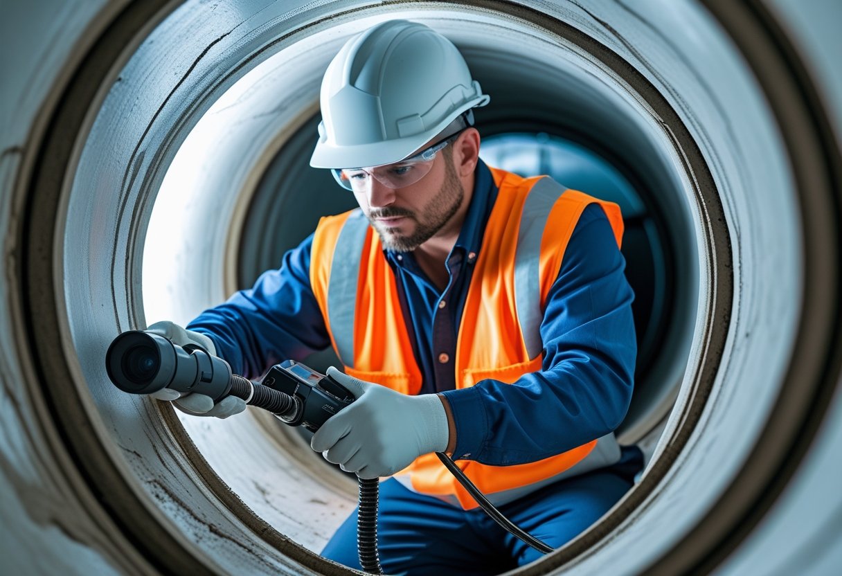 A technician wearing safety gear inspecting the inside of a sewer pipe using a camera on a flexible rod.