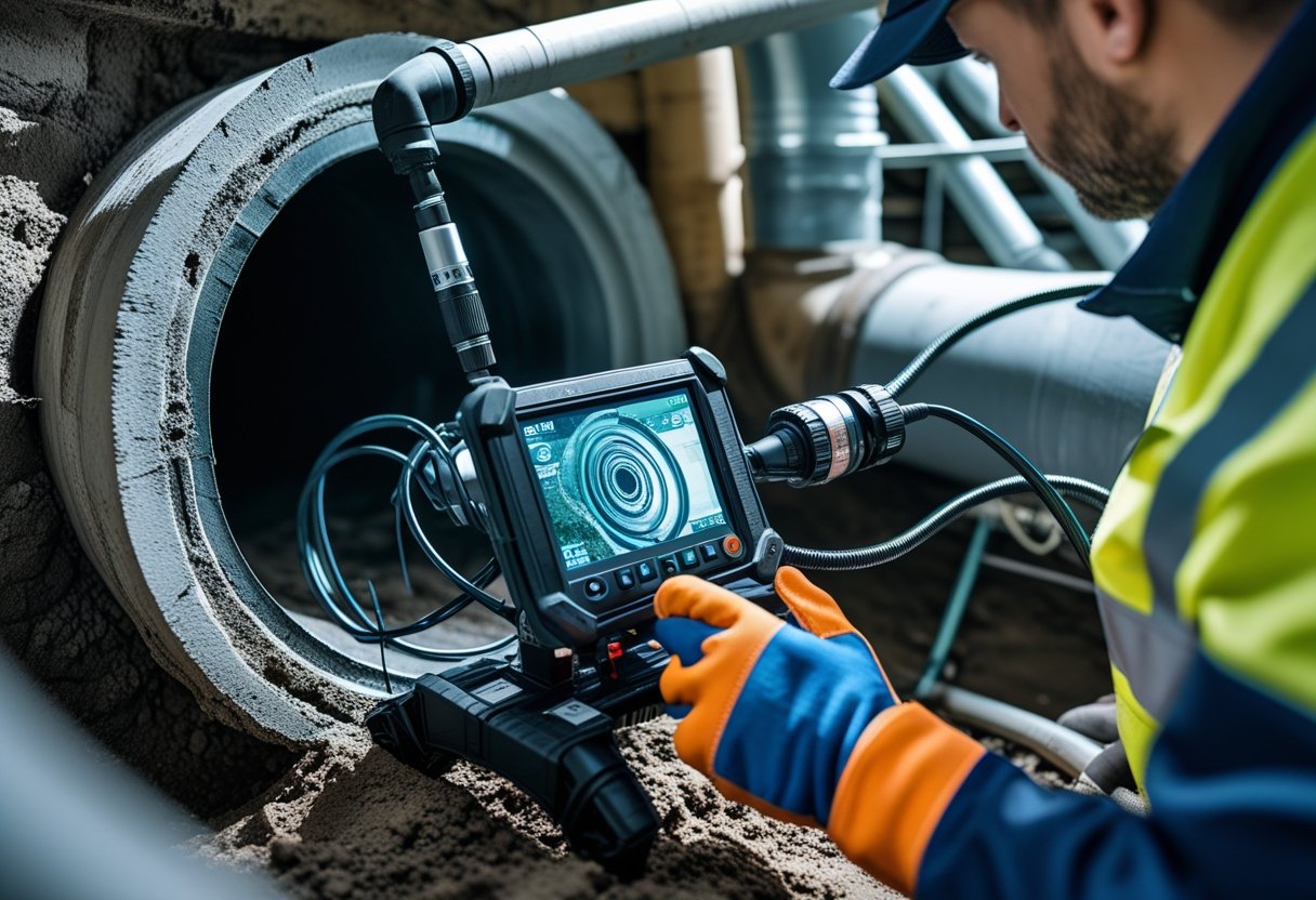 Technician using a video camera device to inspect inside a sewer pipe, viewing live footage on a monitor.