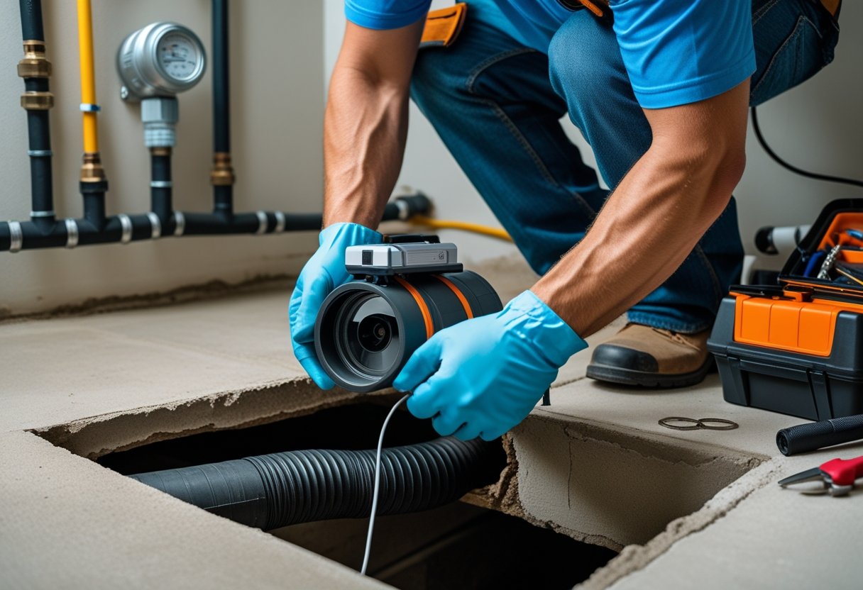 Step-by-Step Guide to Conducting a DIY Sewer Line Inspection: Confident Techniques, Tools, and Safety Tips 1 Person inspecting a sewer line in a basement using a sewer camera with plumbing pipes and tools nearby.