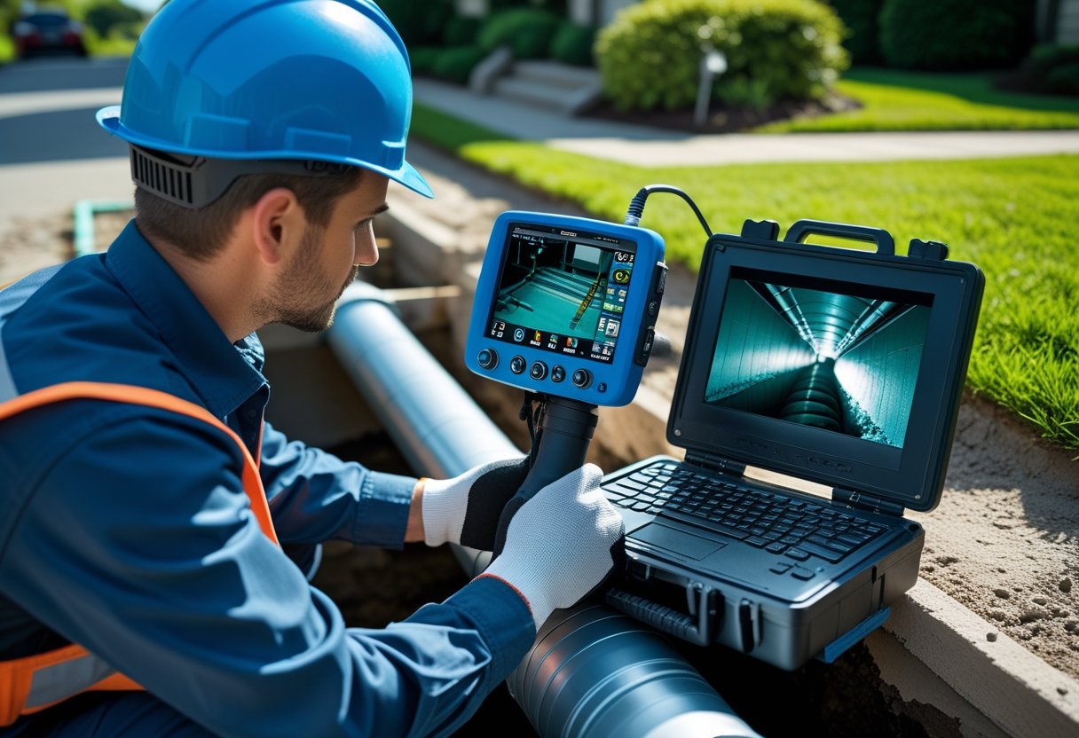 A plumber inspecting a sewer line using a camera and monitor near a building outdoors.