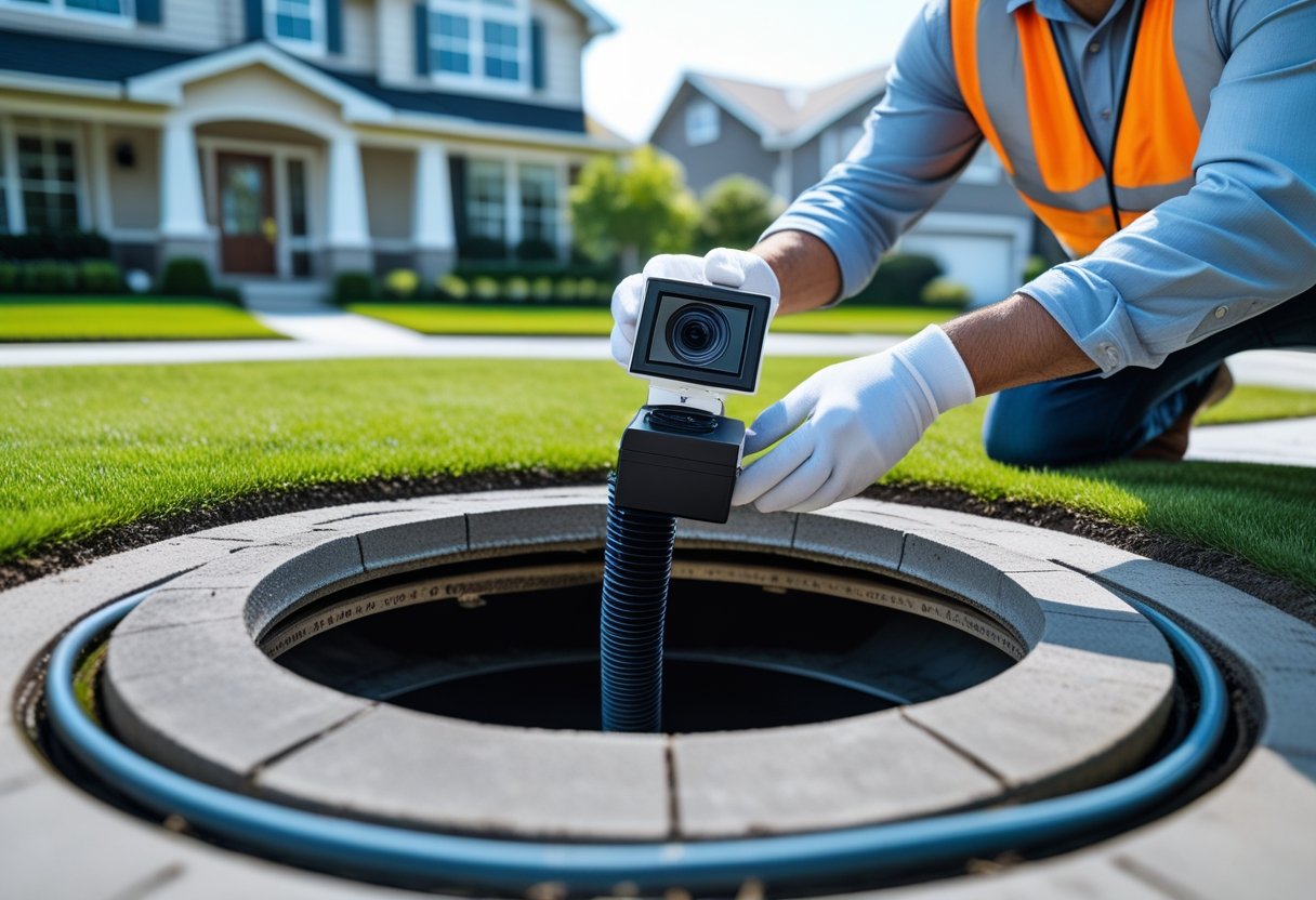 A home inspector using a sewer camera to inspect a sewer line access point outside a suburban house.