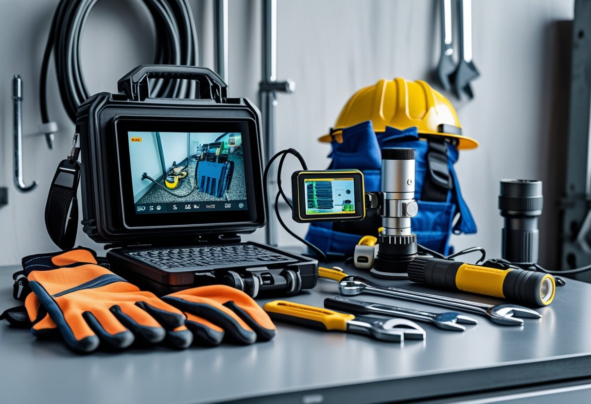 A collection of sewer line inspection tools including a camera with cable, monitor, gloves, flashlight, and plumbing tools arranged on a workbench in a workshop.