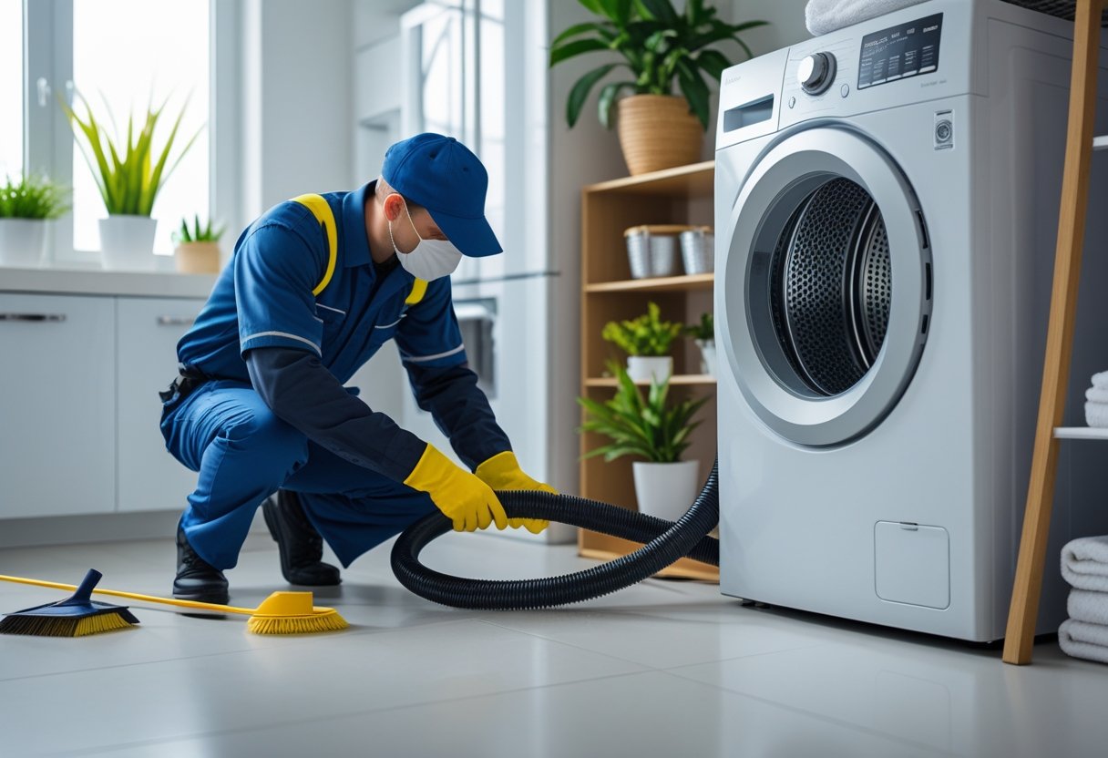 Technician cleaning a dryer vent hose in a modern laundry room with natural light and plants.