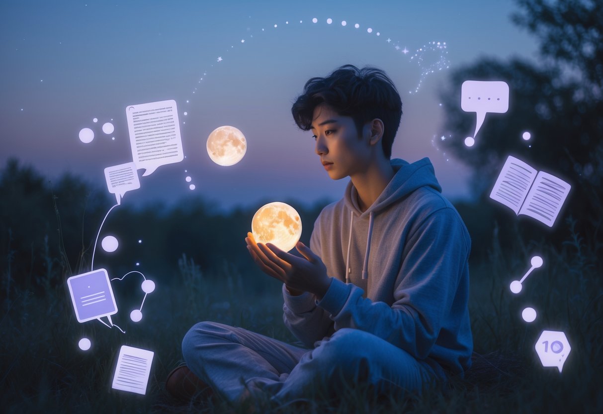 A young adult sitting outdoors at twilight holding a glowing moon orb, surrounded by floating books and letters under a crescent moon in the evening sky.