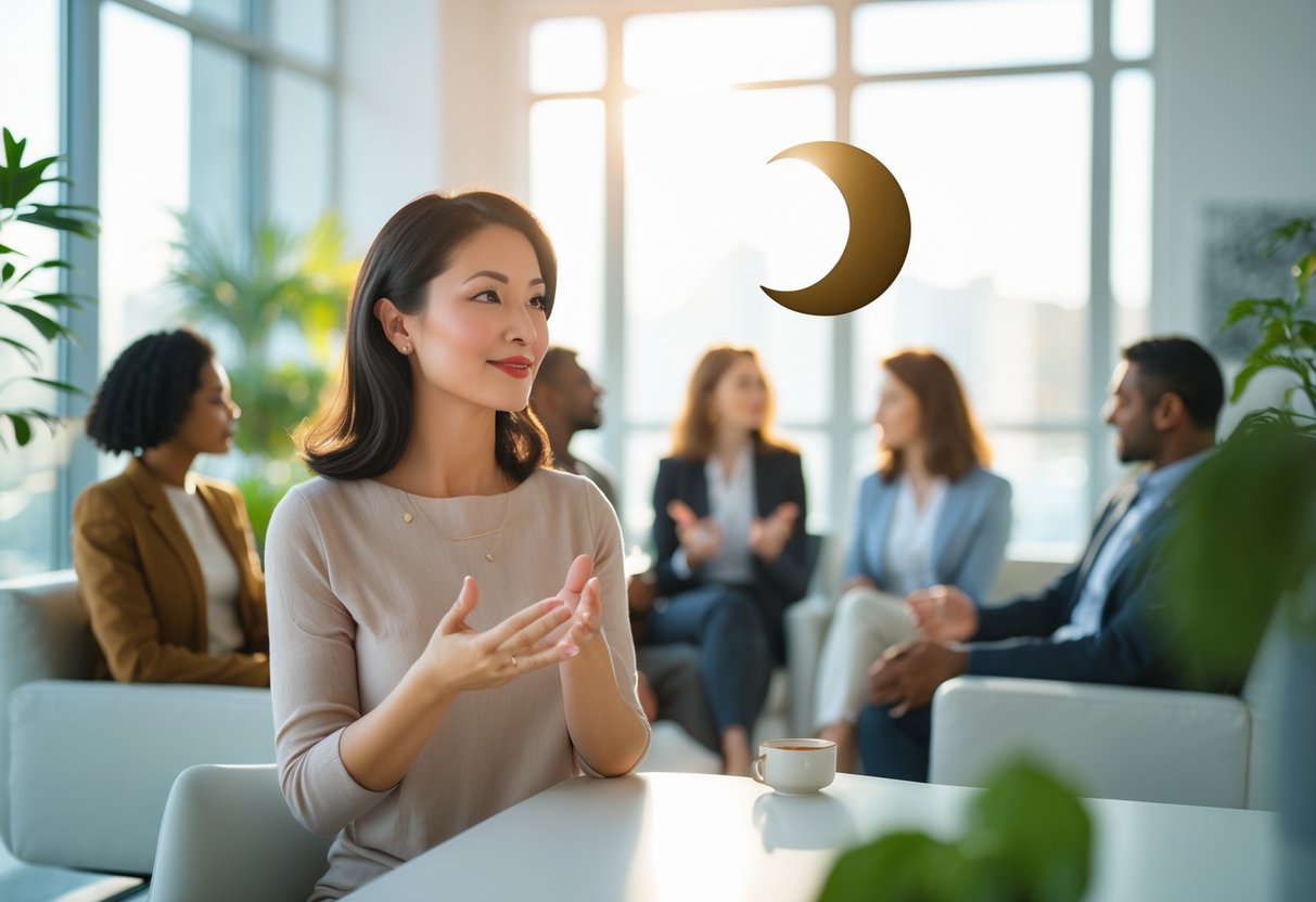 A group of people in a modern office engaged in a calm and expressive conversation, with soft natural light and subtle celestial decorations in the background.