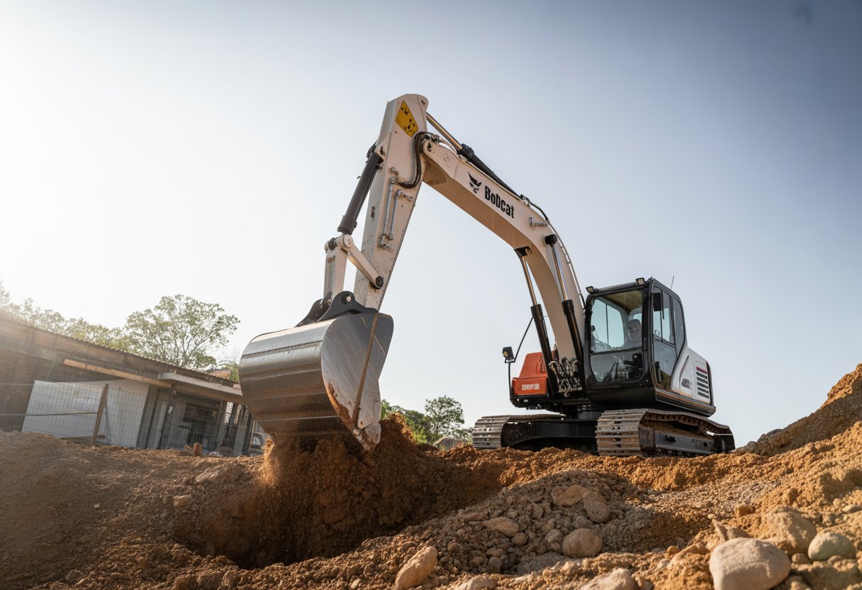 Bobcat ekskavatoriai: pasirinkimas, tipai 1 Bobcat ekskavatorius dirba statybų aikštelėje, kasdamas žemę ir aplinkui matomi statybiniai elementai bei medžiai.