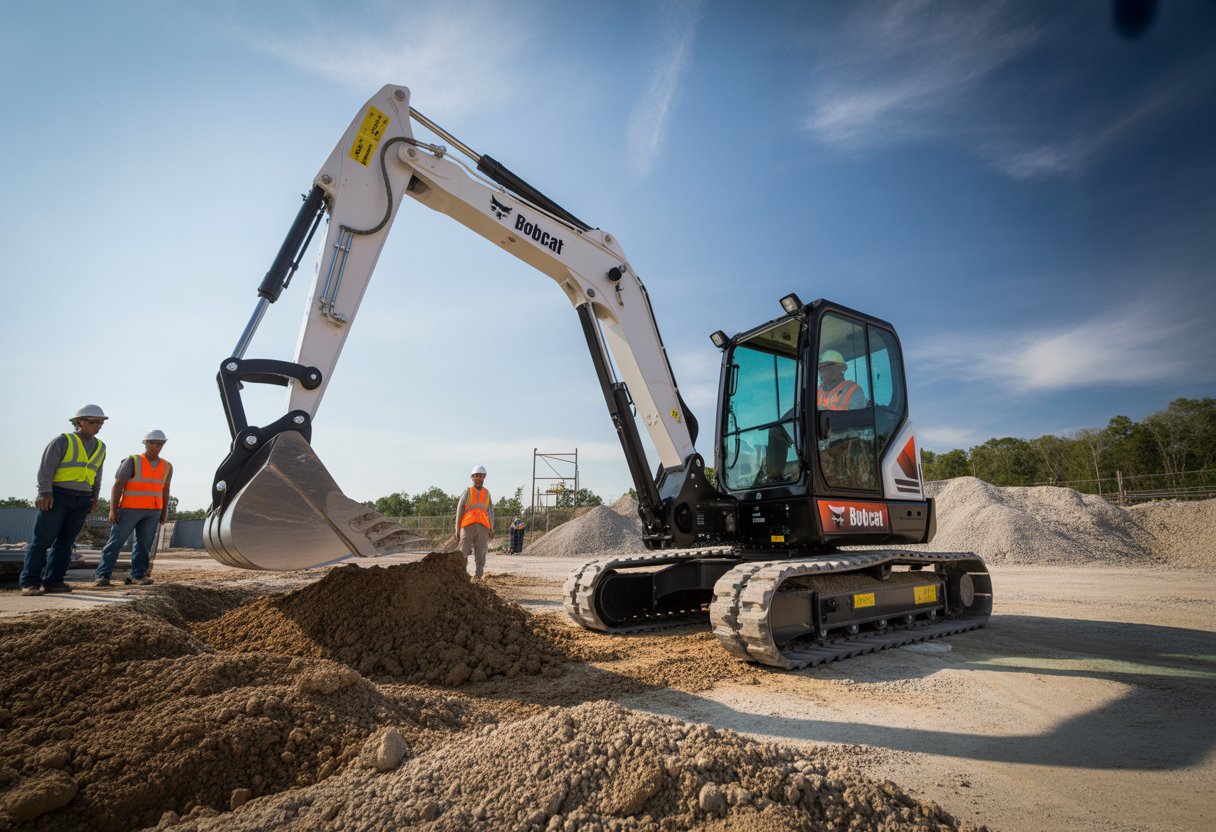Bobcat ekskavatoriai: pasirinkimas, tipai 3 Bobcat ekskavatorius dirba statybų aikštelėje, aplink jį matyti statybininkai ir žemės darbai.