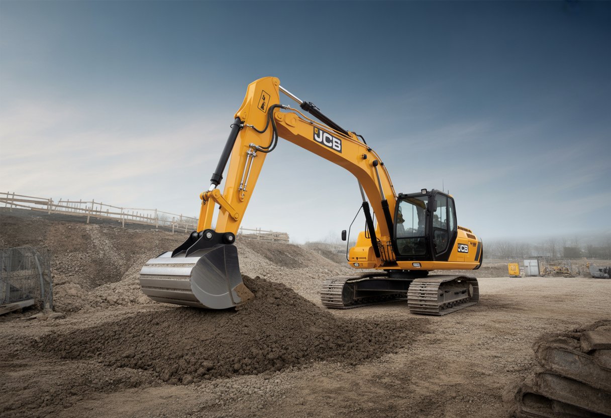 JCB ekskavatorius: dalių pasirinkimas 1 Geltonas JCB ekskavatorius dirba statybvietėje, kasa žemę.