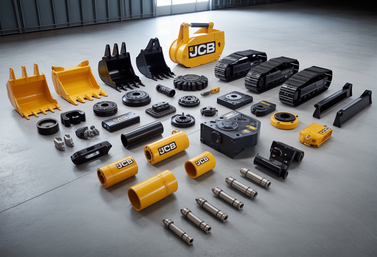 JCB ekskavatorius: dalių pasirinkimas 2 Įvairių JCB ekskavatoriaus dalių asortimentas ant švaraus darbo stalo pramoninėje aplinkoje.
