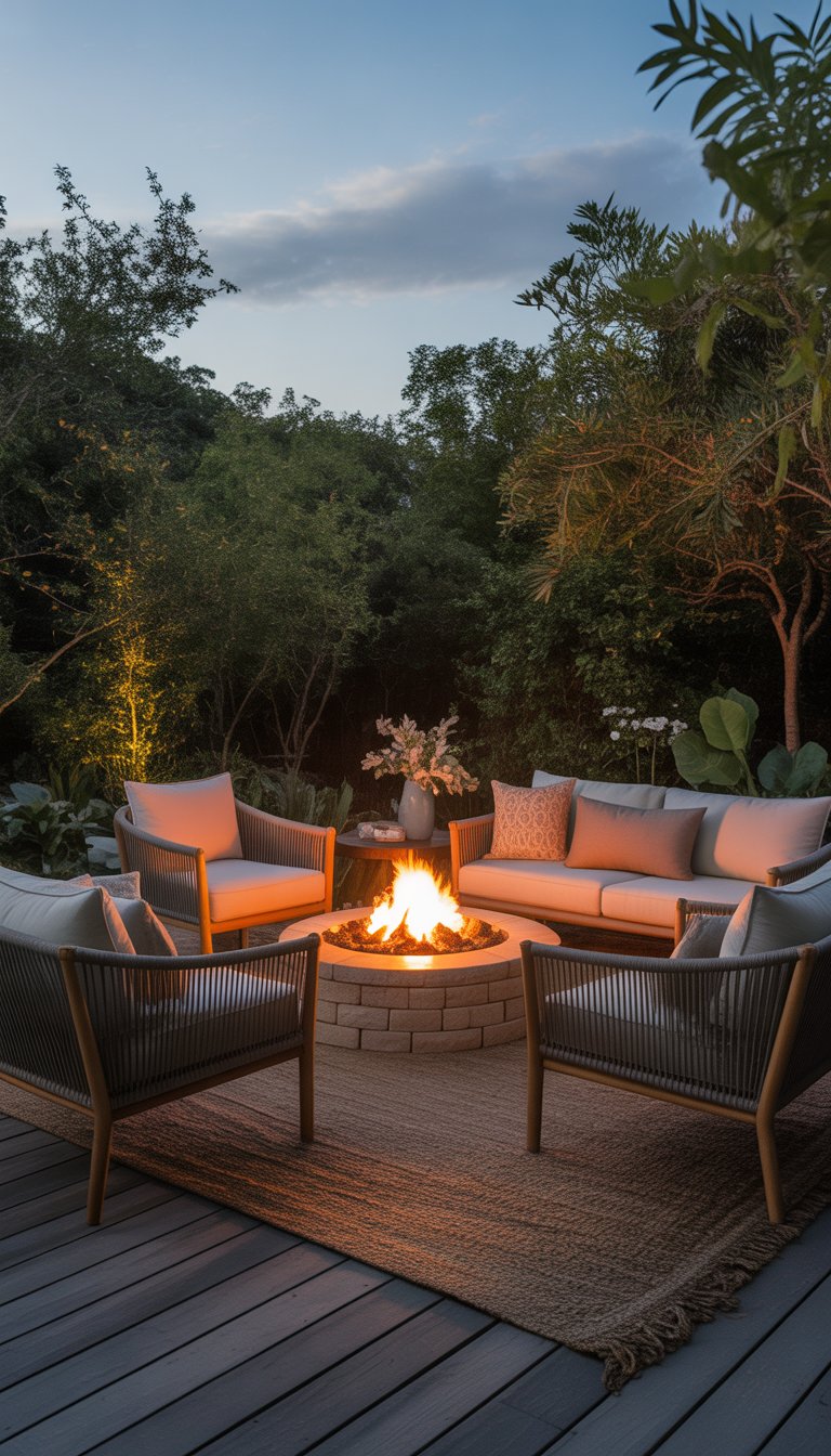 Outdoor seating area with a stone fire pit surrounded by cushioned chairs and sofas, set on a wooden deck with plants in the background.