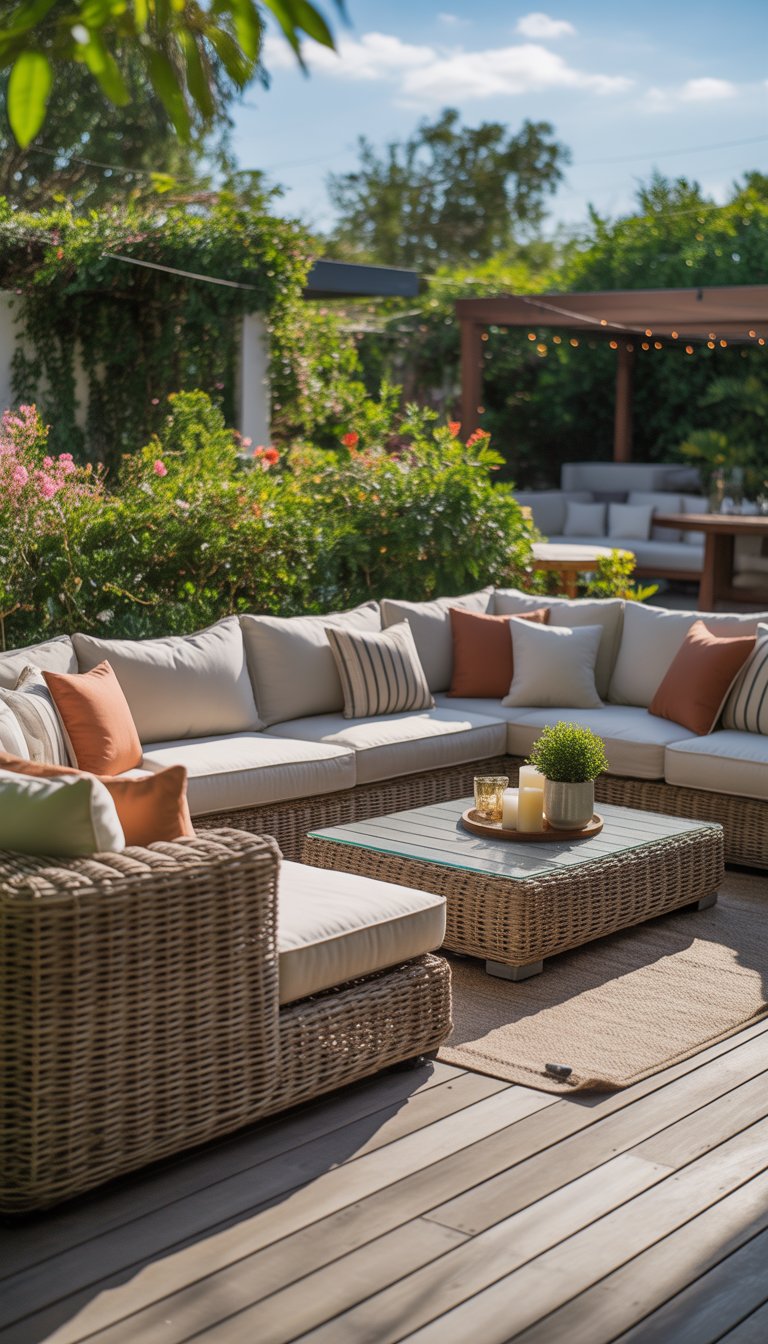 Outdoor living room with a wicker sectional sofa, cushions, coffee table, and surrounding plants.