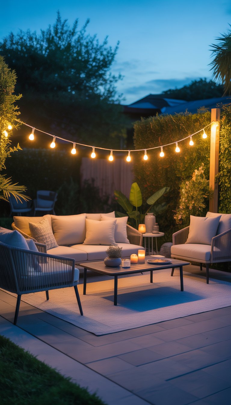 An outdoor living room with comfortable seating and string lights overhead in a backyard patio.