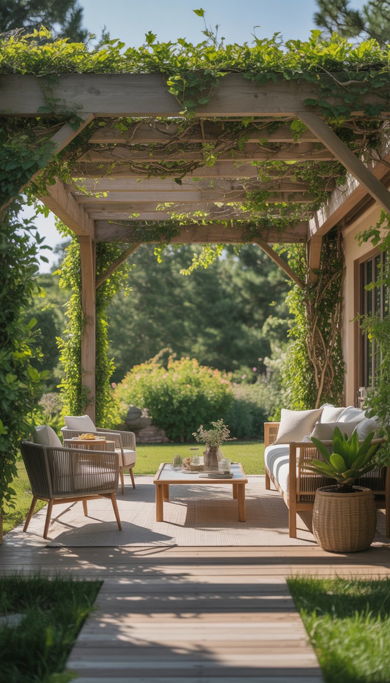 Outdoor living room under a wooden pergola covered with green climbing vines, featuring comfortable seating and surrounded by a garden.