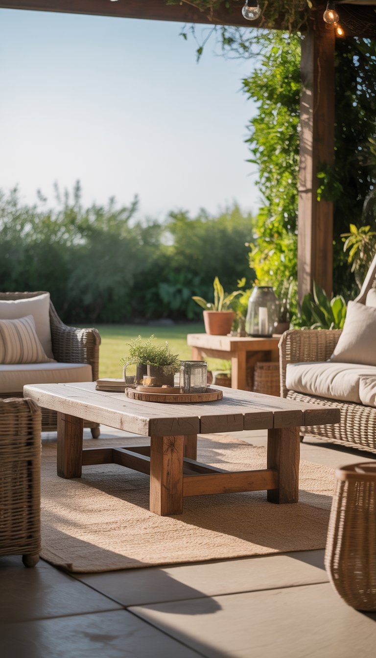 An outdoor patio with a wooden coffee table surrounded by cushioned chairs and plants.
