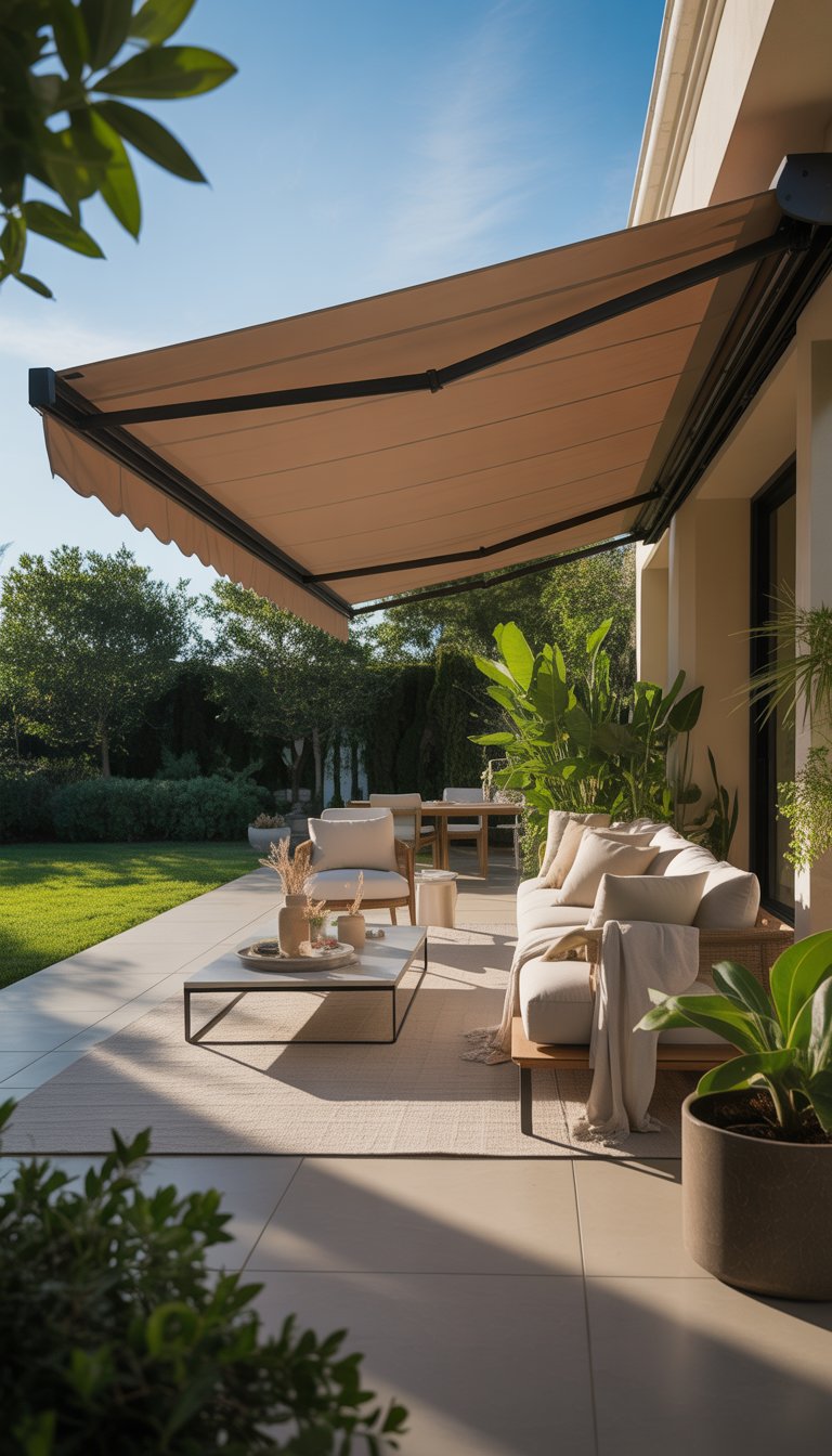 Outdoor living room with a retractable awning providing shade over comfortable seating surrounded by plants and a garden.