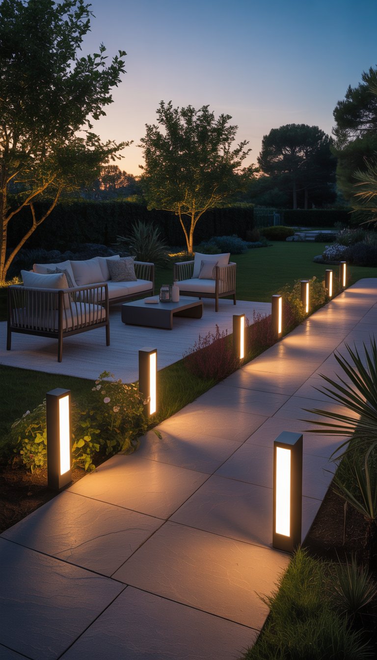 An outdoor living room with LED pathway lights illuminating a stone walkway surrounded by plants and outdoor furniture.