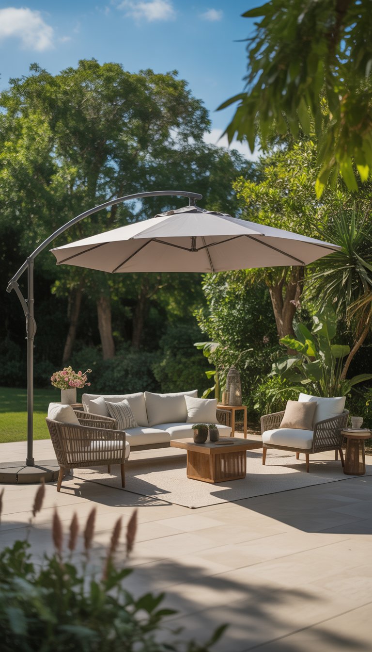 An outdoor patio with a freestanding umbrella shading seating furniture surrounded by plants.