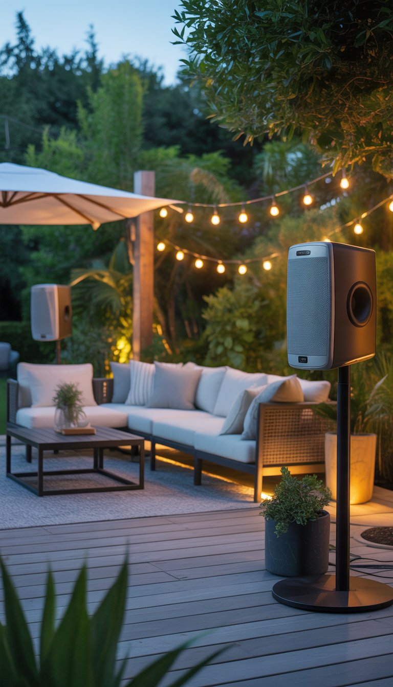 An outdoor living room with comfortable seating, a coffee table, and speakers set up for sound in a backyard patio surrounded by plants.