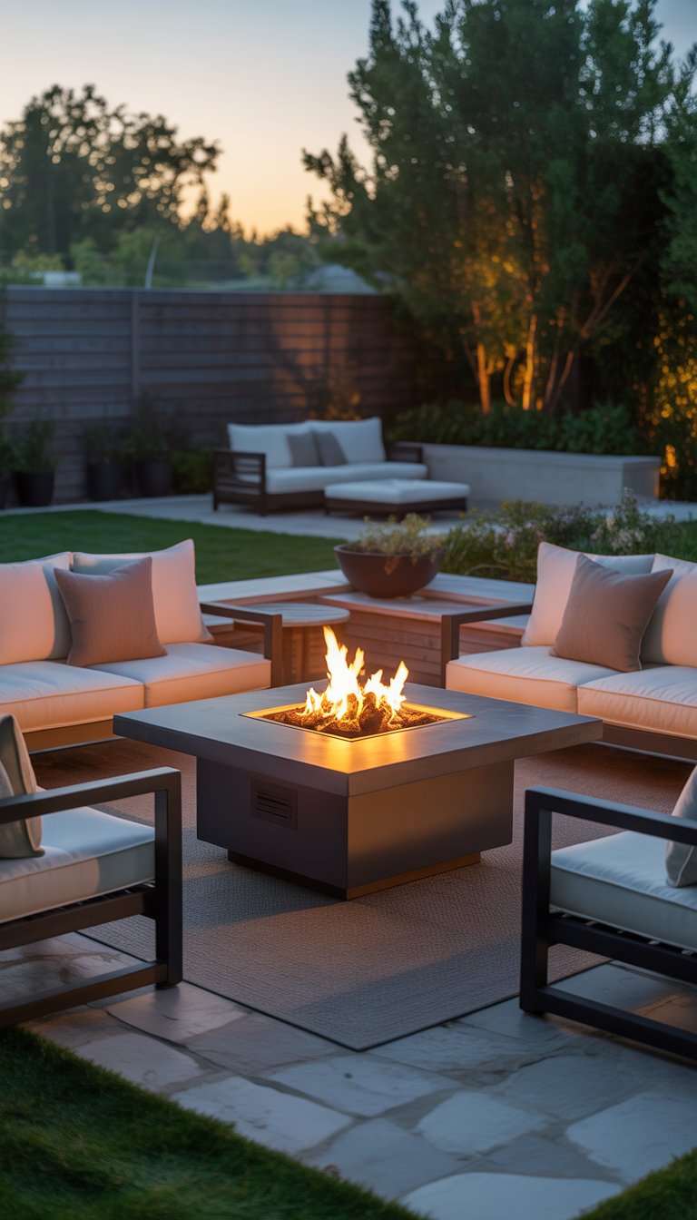 An outdoor living room with a square fire pit table surrounded by sofas and chairs on a stone patio at sunset.