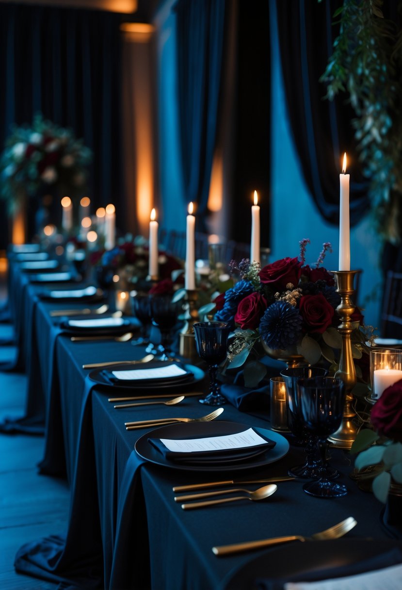 A wedding reception table decorated with dark flowers, candles, and elegant table settings in a dimly lit room.