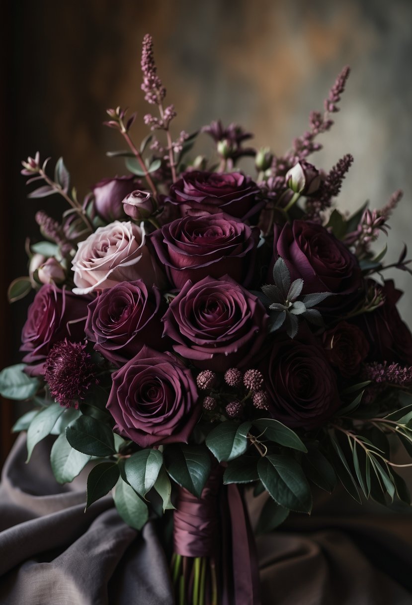 A bridal bouquet of deep burgundy roses with dark green leaves and muted plum flowers against a softly blurred background.