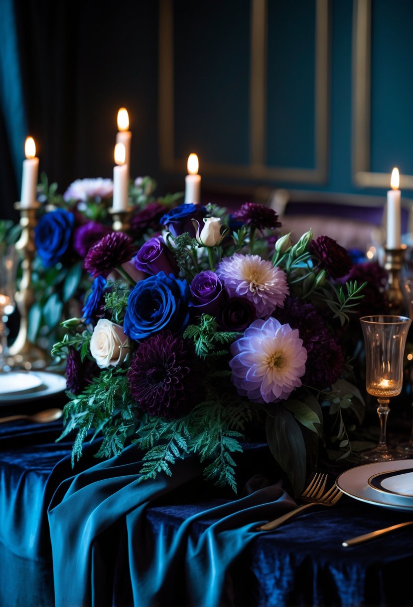 A wedding table with deep jewel tone floral arrangements in rich colors, surrounded by candles and elegant table settings.