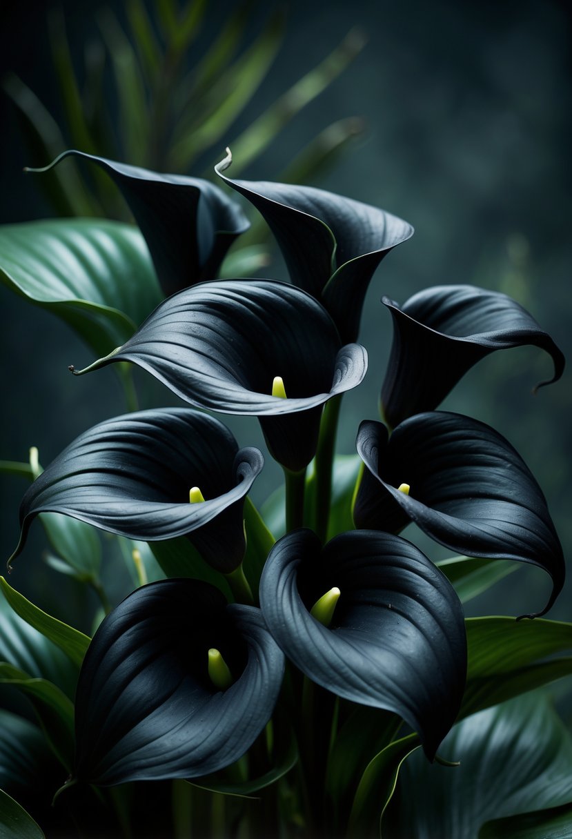 Close-up of black calla lilies with dark green leaves in a softly lit setting.