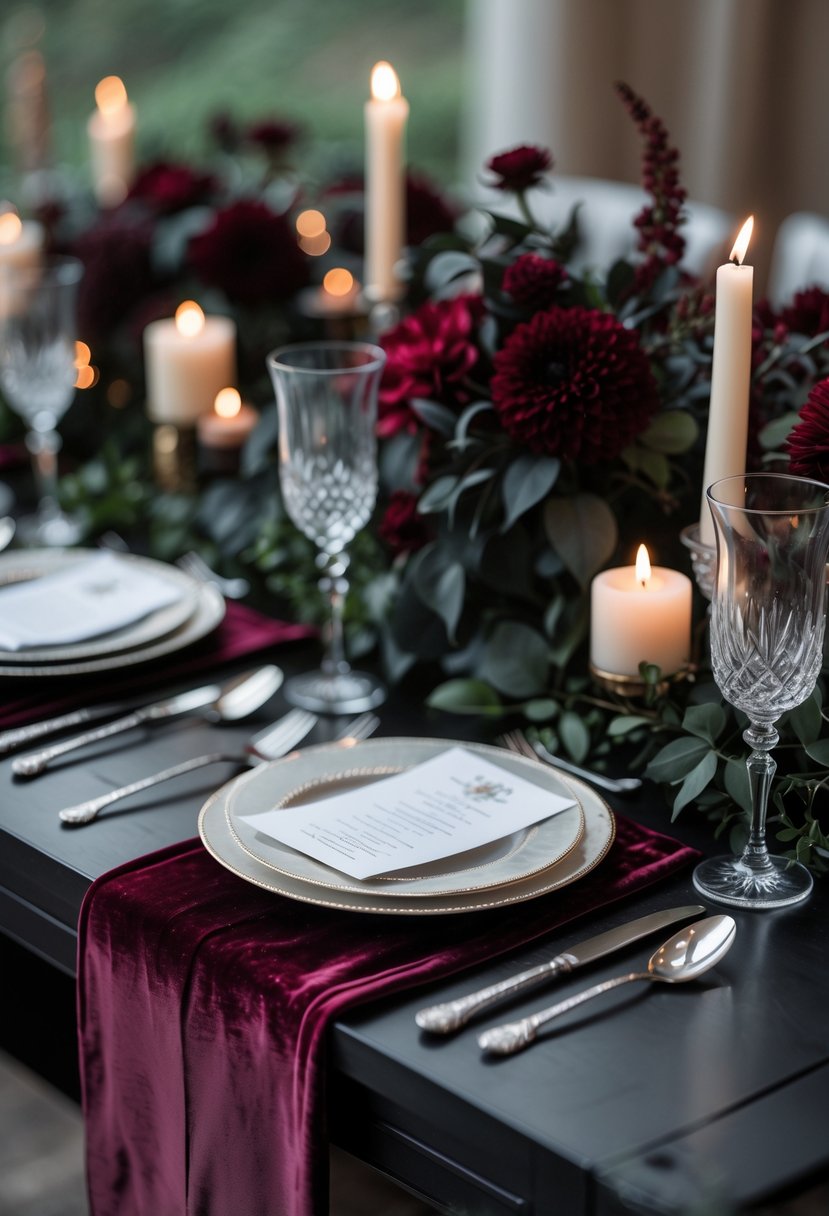 A wedding table set with burgundy velvet runners, dark floral arrangements, candles, and elegant tableware.