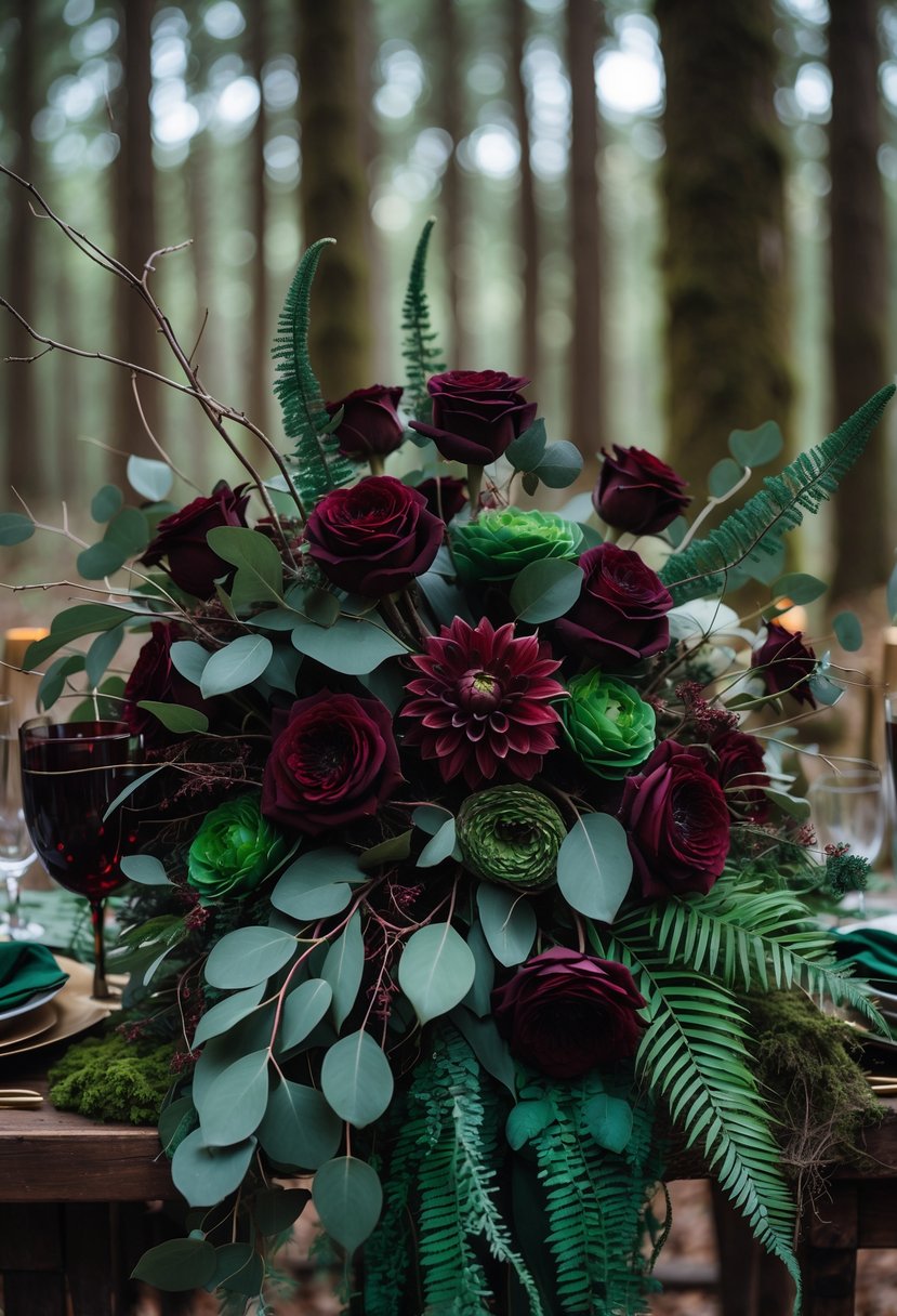 Floral arrangements with deep burgundy flowers and green leaves set in a forest environment.