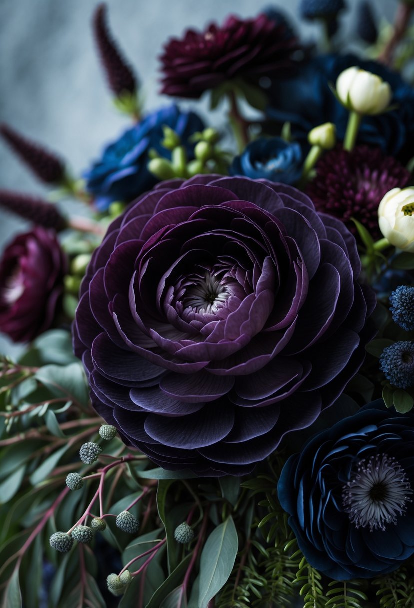 Close-up of a dark purple ranunculus flower surrounded by deep-toned wedding flowers and greenery.