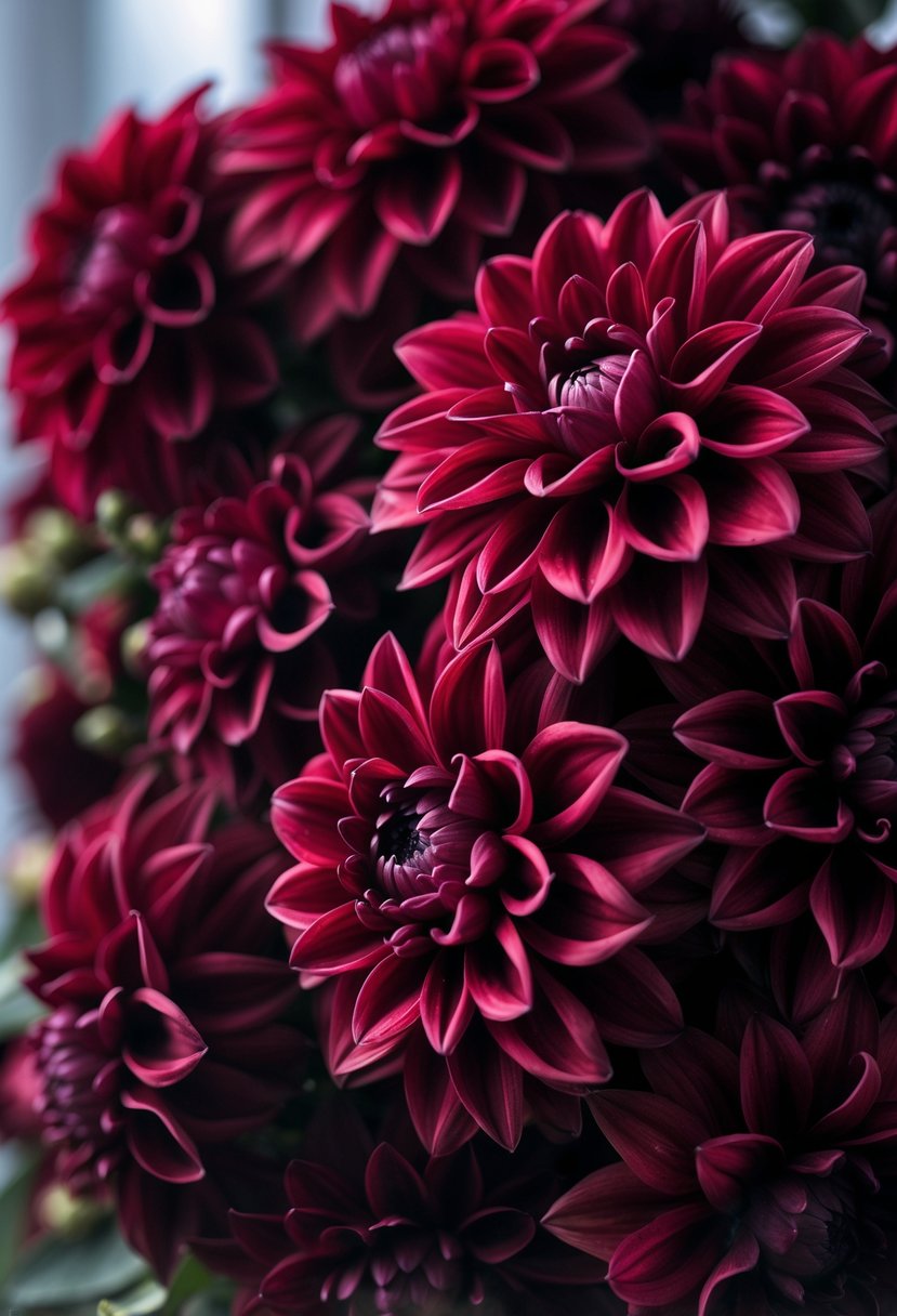 Close-up of deep red dahlias with dark, rich tones in a floral arrangement.