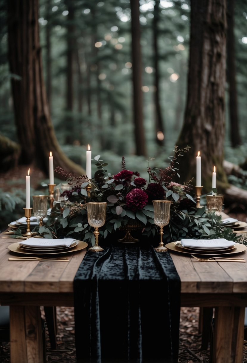 A wedding table set outdoors in a forest with black velvet runners, dark floral arrangements, and rustic wooden decorations under soft natural light.