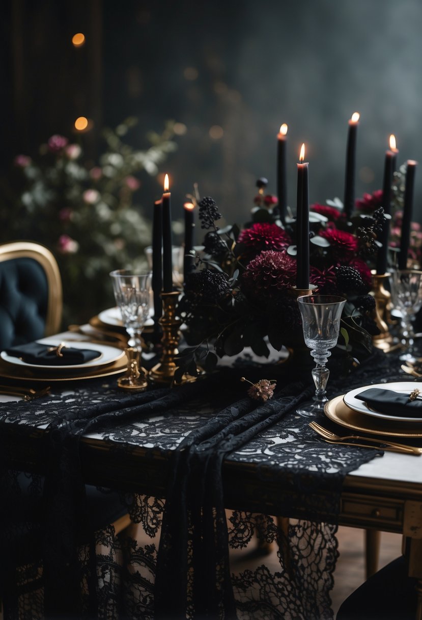 A wedding table set with black lace overlays, dark floral arrangements, candles, and elegant glassware in a dimly lit room.