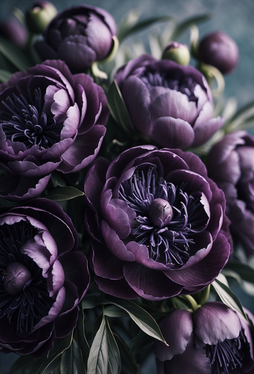Close-up of plum-colored peonies with dark purple and burgundy tones surrounded by green leaves.
