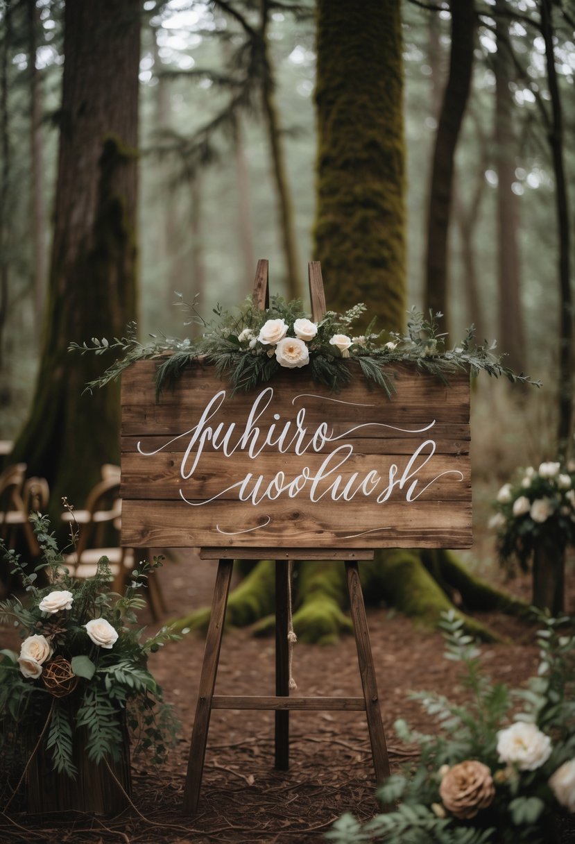 A rustic wooden sign with elegant calligraphy surrounded by green forest foliage and soft natural light.
