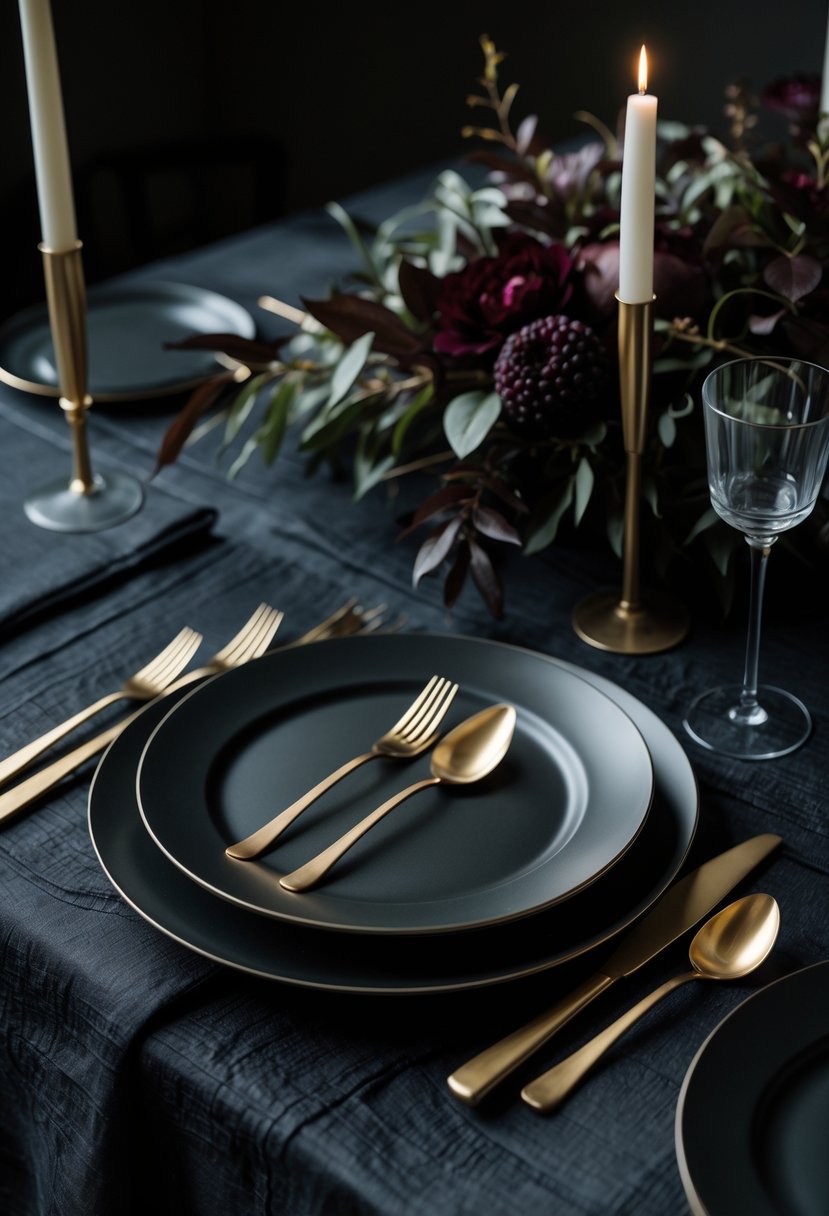 A close-up of antique gold flatware arranged on a dark table with dark floral decorations and glassware.