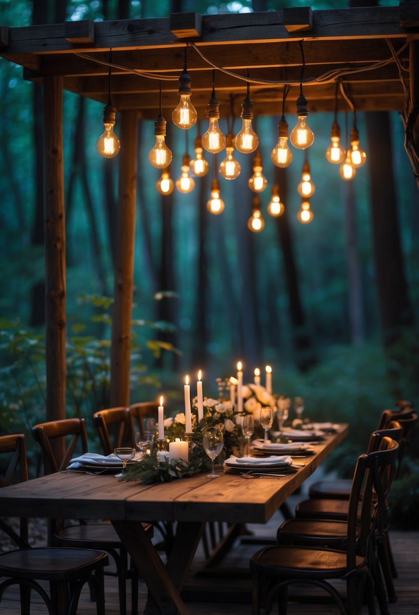 A dining table under a wooden canopy with hanging Edison bulbs surrounded by forest greenery.