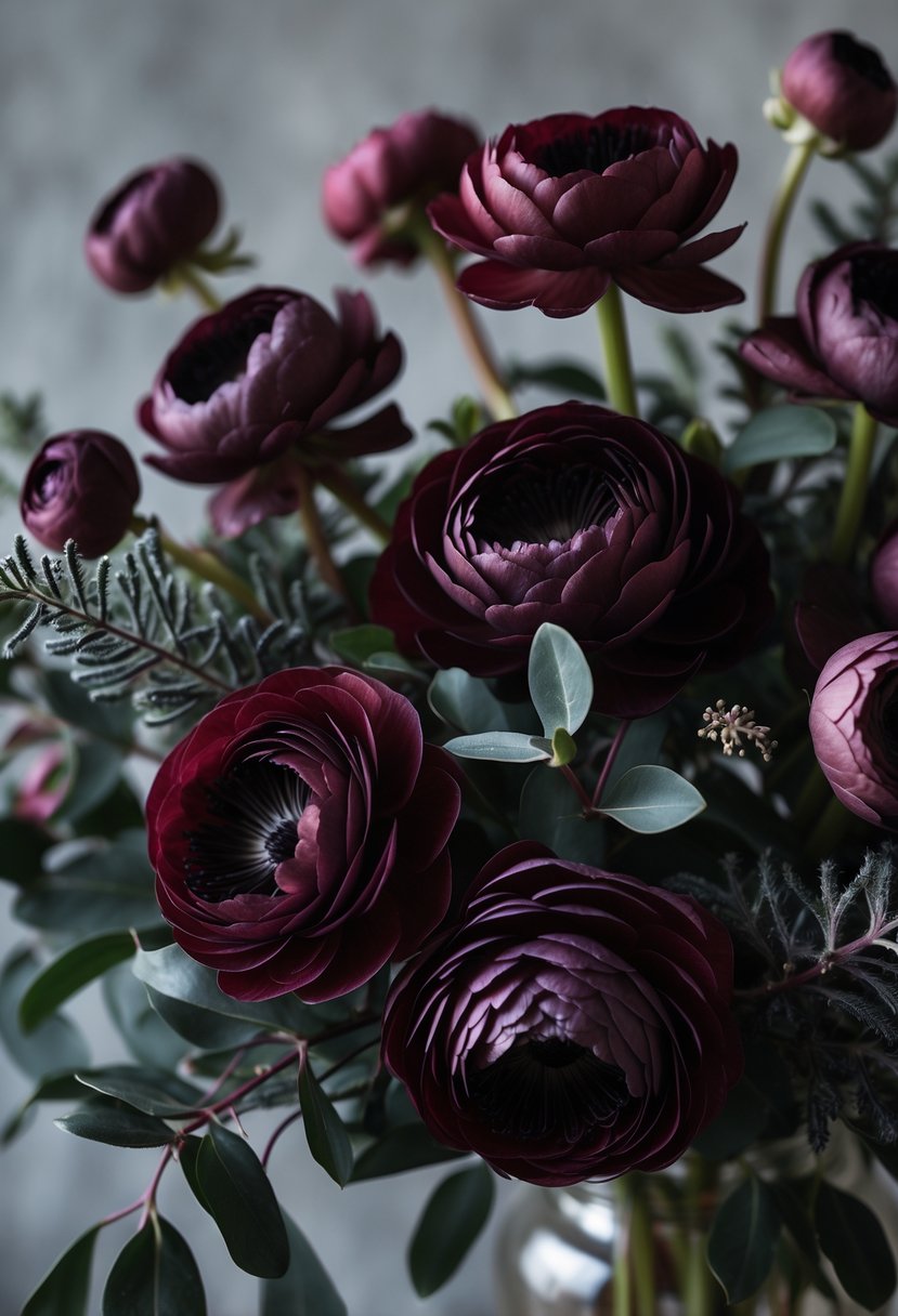 Close-up of dark red and burgundy ranunculus flowers with green leaves in a floral arrangement.