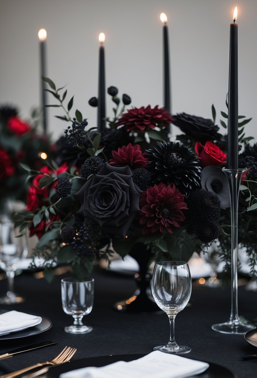 A wedding table with dark red and black floral centerpieces surrounded by candles and glassware.