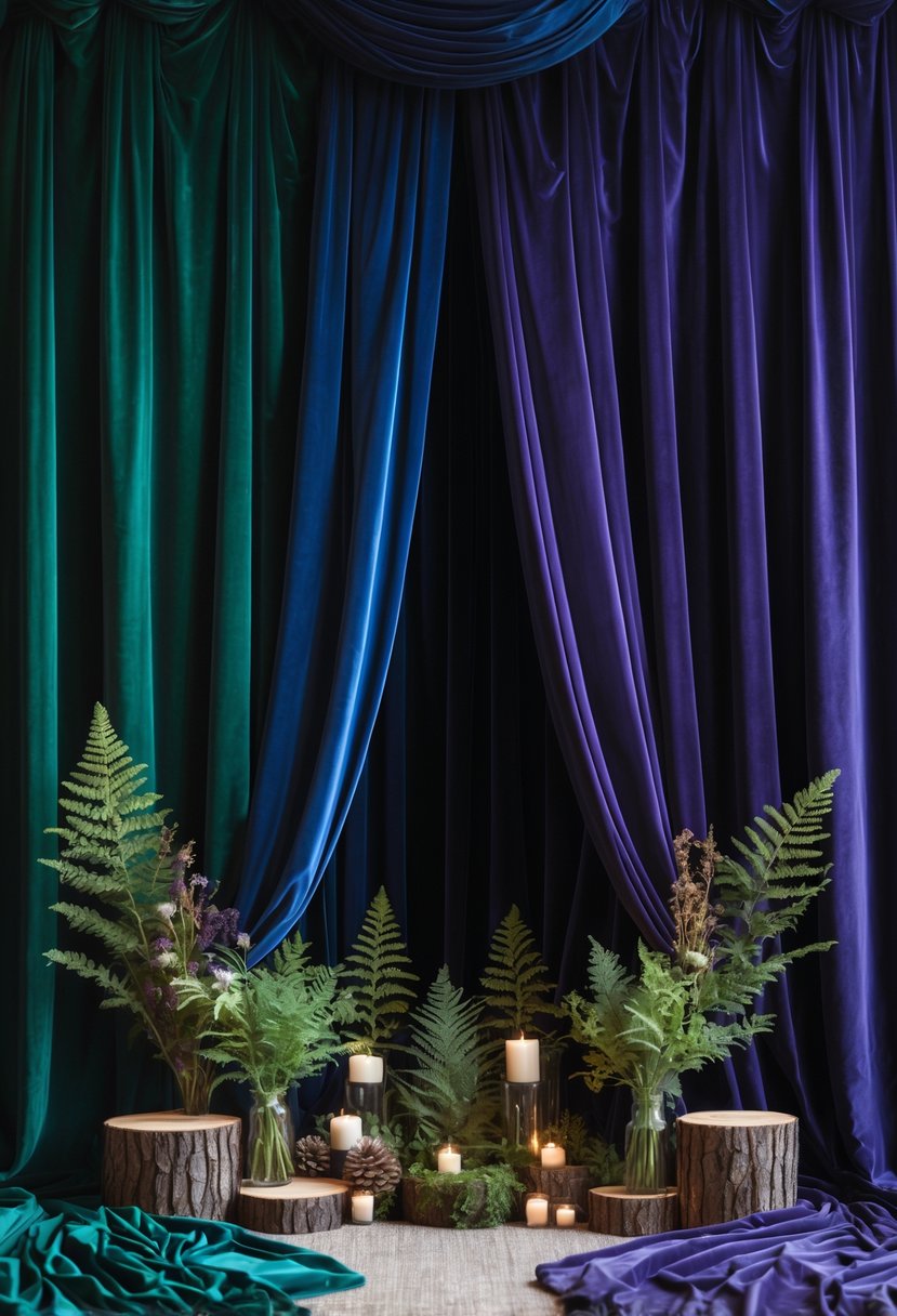 A wedding decor scene with jewel-toned velvet drapes and natural forest elements like moss, ferns, and pinecones arranged in front.