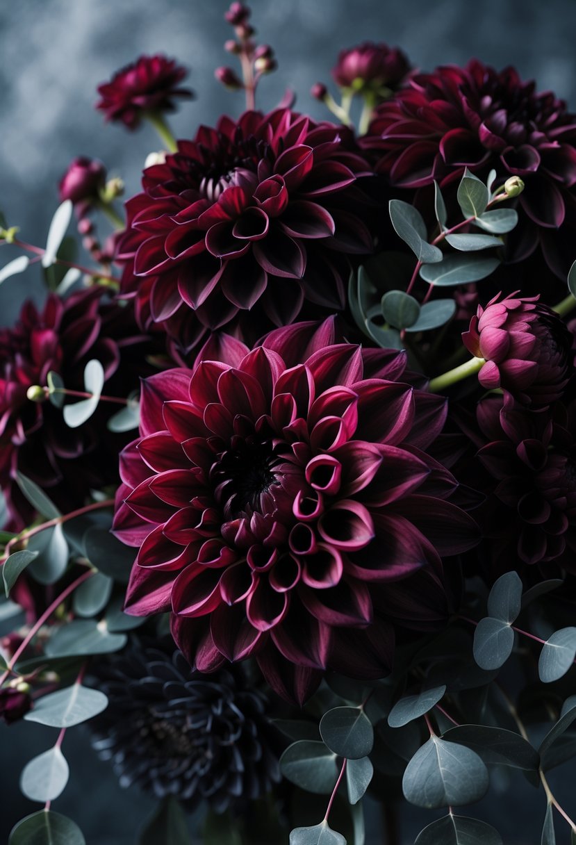 Close-up of deep burgundy dahlias surrounded by dark green foliage in a floral arrangement.